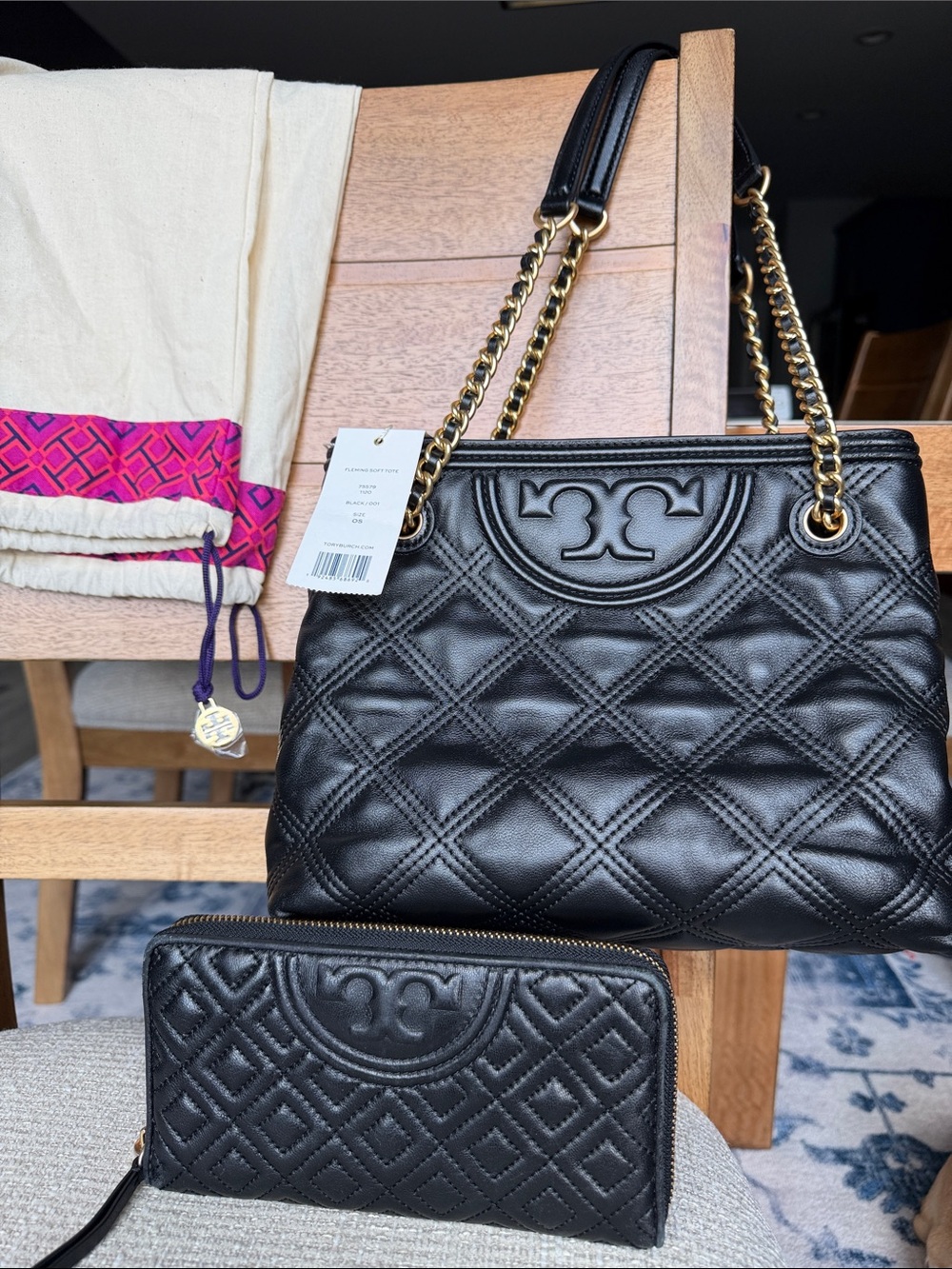 Tory Burch Fleming Soft Tote Black with Matching Full Zip Wallet